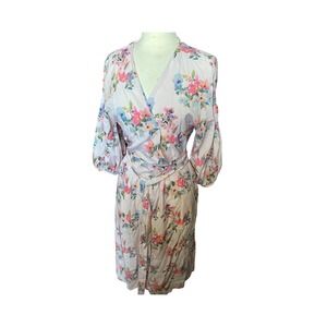 Mango Pink Floral Wrap Midi‎ Dress Long Sleeve Belted V Neck Size 8